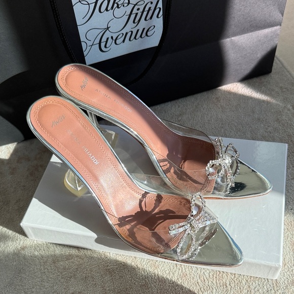 Amina Muaddi Shoes - Amina Muaddi Silver Crystal Bow Heels